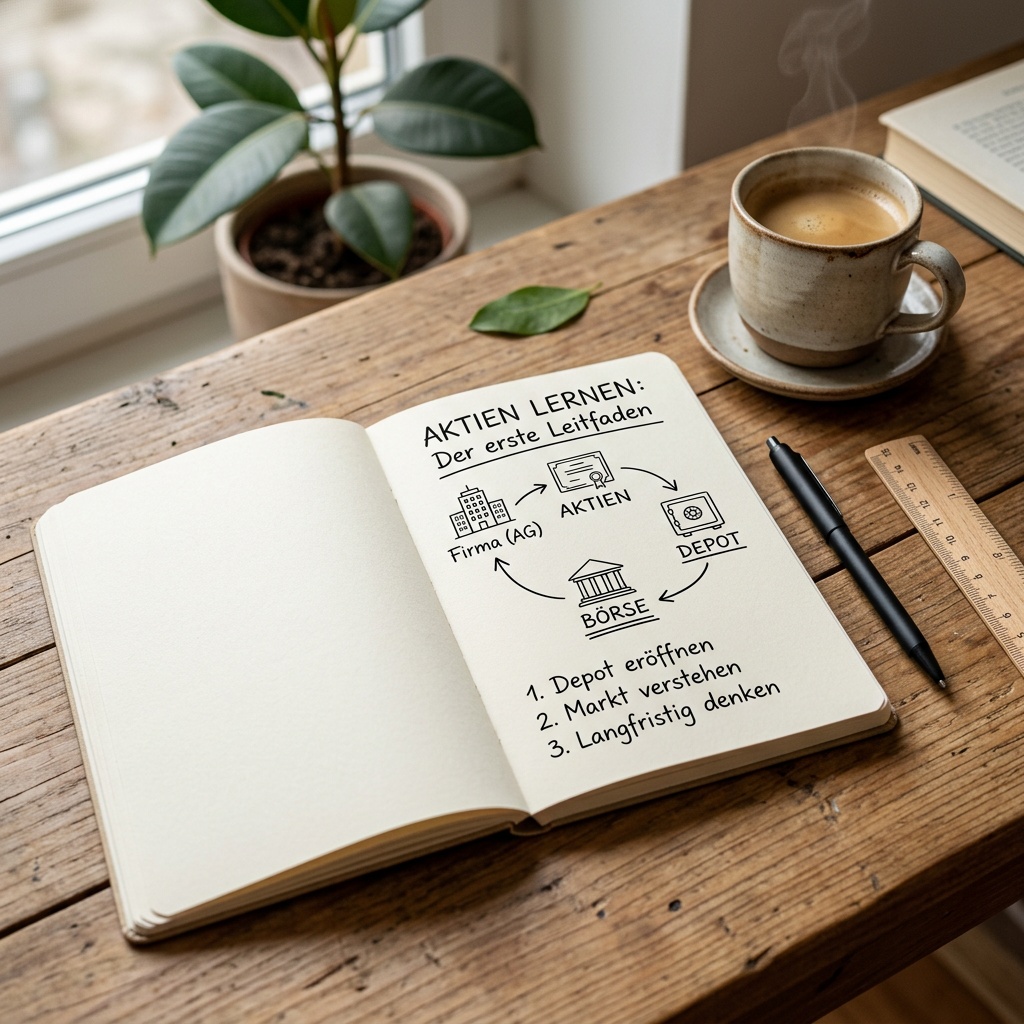 Aufgeschlagenes Notizbuch mit handschriftlichen Skizzen zum Thema Aktien lernen